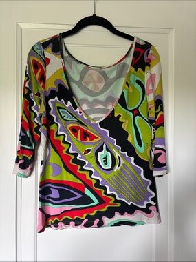 Emilio Pucci Multicolor Abstract V-Neck Long Sleeve Top